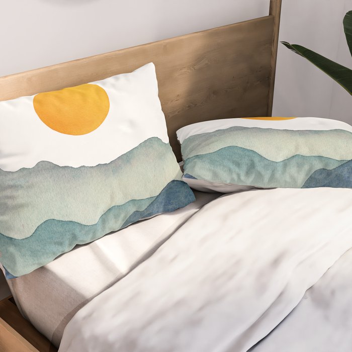 Mountain Range Silhouette - Blue & Yellow Pillow Sham Gallery Image 2