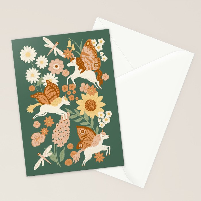 Butterfly Unicorns Frolicking in the Garden - Dark Stationery Card Gallery Image 2