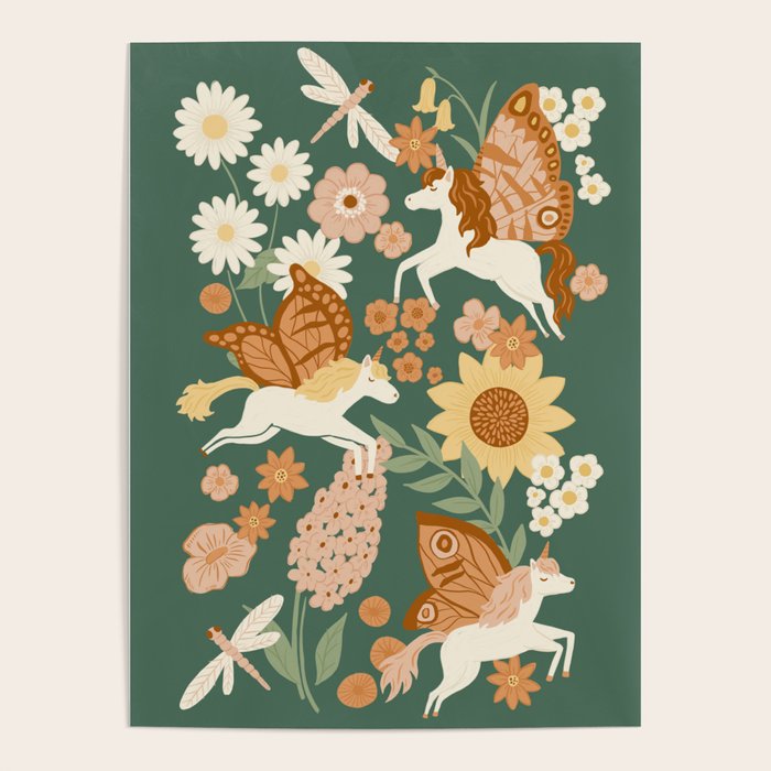 Butterfly Unicorns Frolicking in the Garden - Dark Poster Gallery Image 1