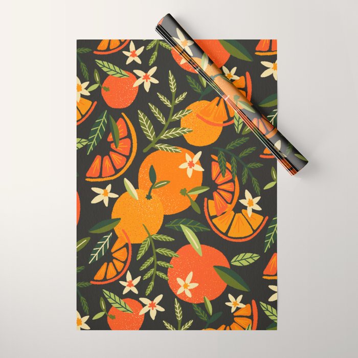 Orange Blooms - Charcoal Wrapping Paper Gallery Image 1