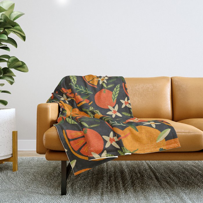 Orange Blooms - Charcoal Throw Blanket Gallery Image 1