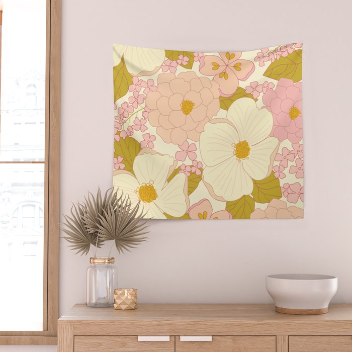 Pink Pastel Vintage Floral Pattern Wall Tapestry Gallery Image 2