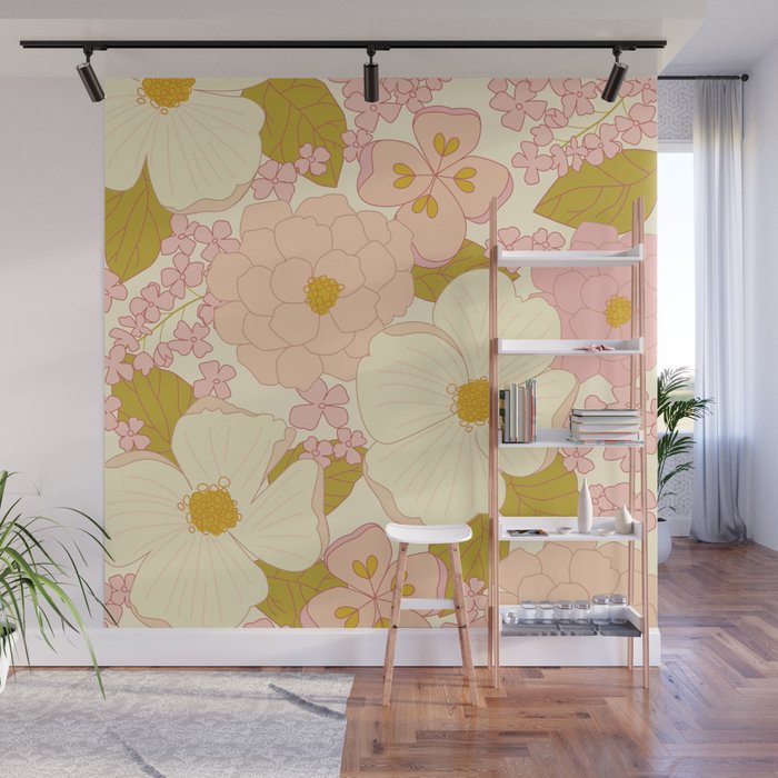 Pink Pastel Vintage Floral Pattern Wall Mural Gallery Image 1