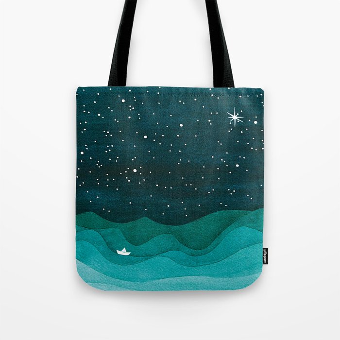 Starry Ocean, teal sailboat watercolor sea waves night Tote Bag Gallery Image 1