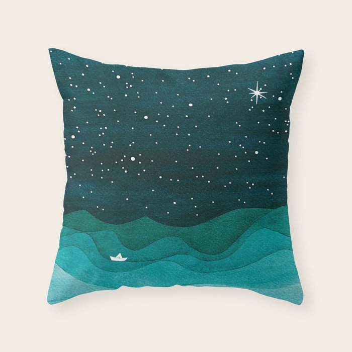 Starry Ocean, teal sailboat watercolor sea waves night Throw Pillow Gallery Image 6