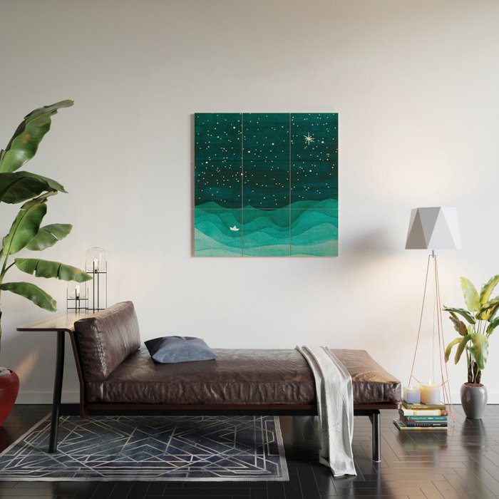 Starry Ocean, teal sailboat watercolor sea waves night Wood Wall Art Gallery Image 2