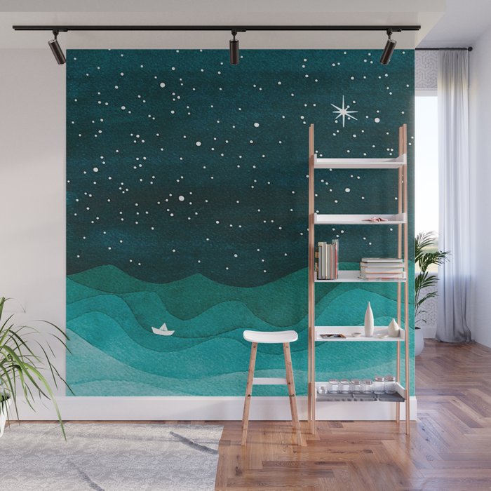 Starry Ocean, teal sailboat watercolor sea waves night Wall Mural Gallery Image 1