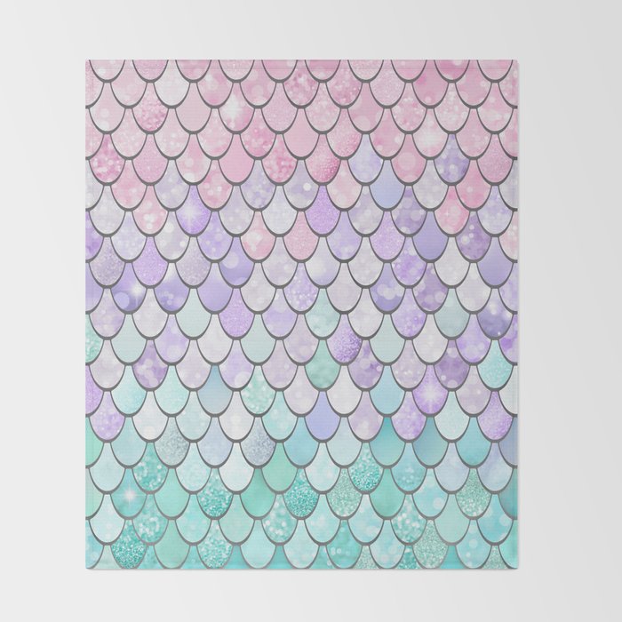 Cute Mermaid Pattern, Pink, Purple, Teal, Pastel Aesthetics Throw Blanket Gallery Image 2