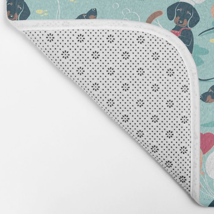 Hot dogs and lemonade // aqua background navy dachshunds Bath Mat Gallery Image 2