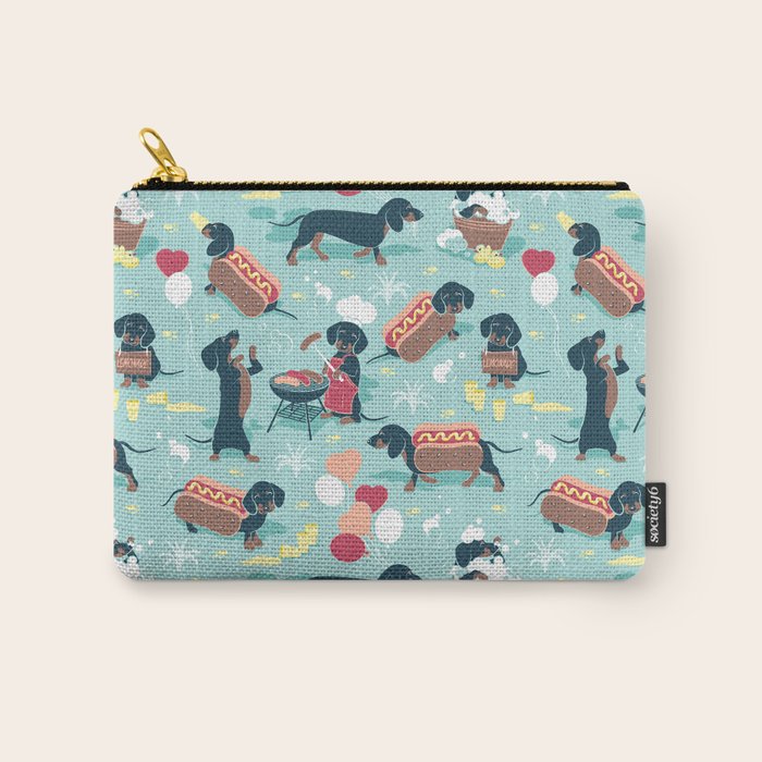 Hot dogs and lemonade // aqua background navy dachshunds Carry All Pouch Gallery Image 1