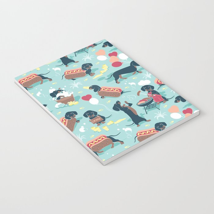 Hot dogs and lemonade // aqua background navy dachshunds Notebook Gallery Image 3
