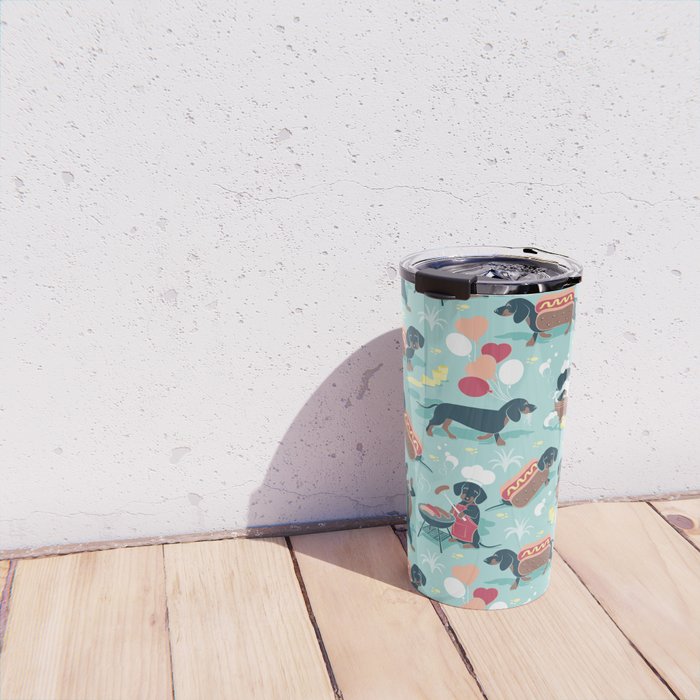 Hot dogs and lemonade // aqua background navy dachshunds Travel Mug Gallery Image 4