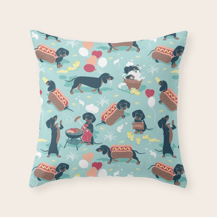 Hot dogs and lemonade // aqua background navy dachshunds Throw Pillow Gallery Image 6