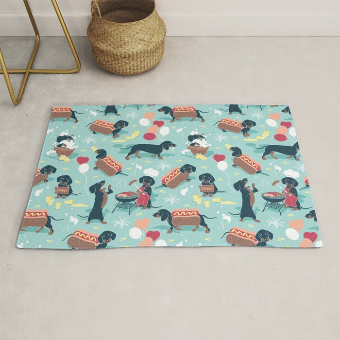 Hot dogs and lemonade // aqua background navy dachshunds Rug Gallery Image 1