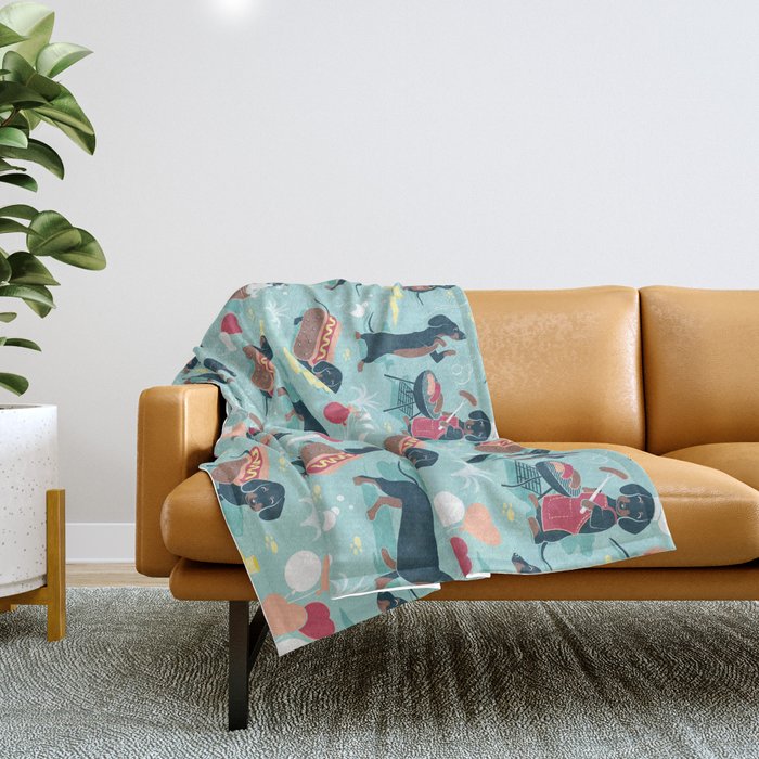 Hot dogs and lemonade // aqua background navy dachshunds Throw Blanket Gallery Image 1