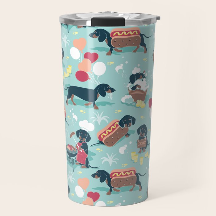 Hot dogs and lemonade // aqua background navy dachshunds Travel Mug Gallery Image 1