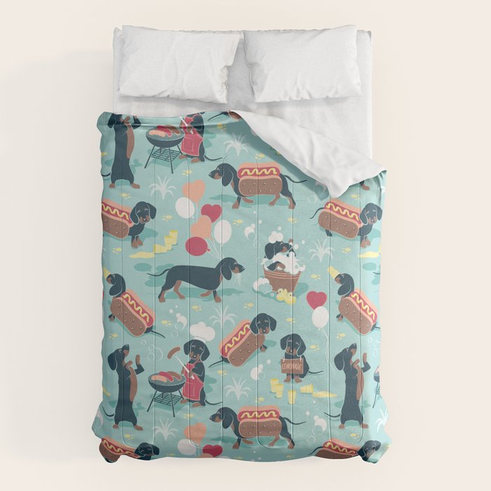 Hot dogs and lemonade // aqua background navy dachshunds Comforter Gallery Image 1
