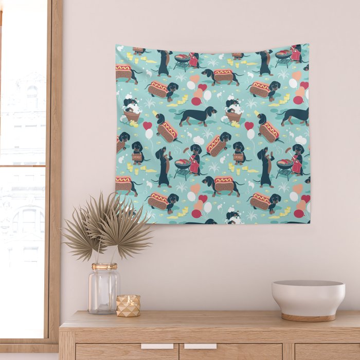 Hot dogs and lemonade // aqua background navy dachshunds Wall Tapestry Gallery Image 2