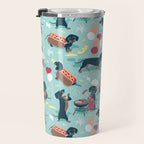 Hot dogs and lemonade // aqua background navy dachshunds Travel Mug Gallery Image 3