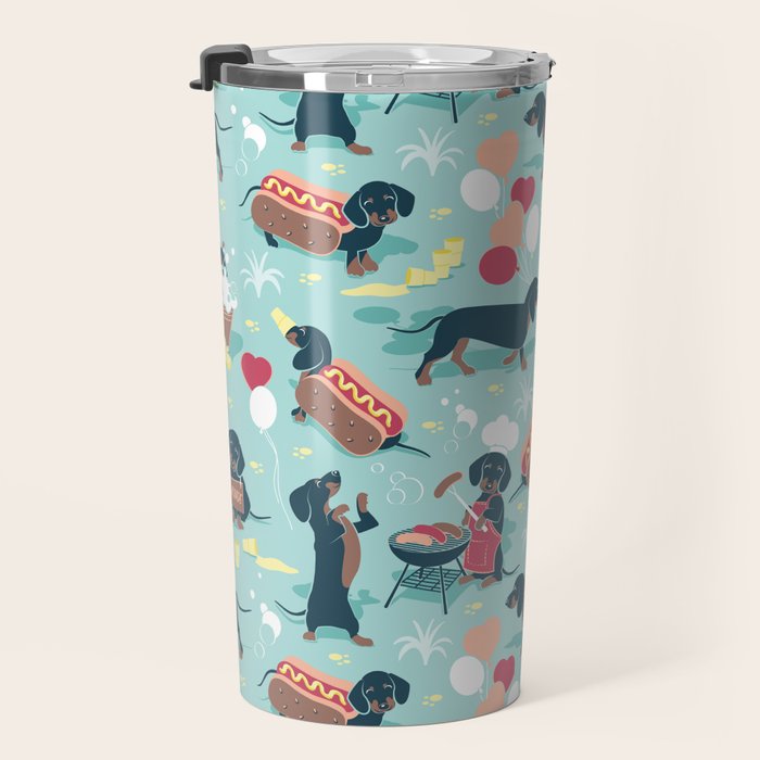 Hot dogs and lemonade // aqua background navy dachshunds Travel Mug Gallery Image 3