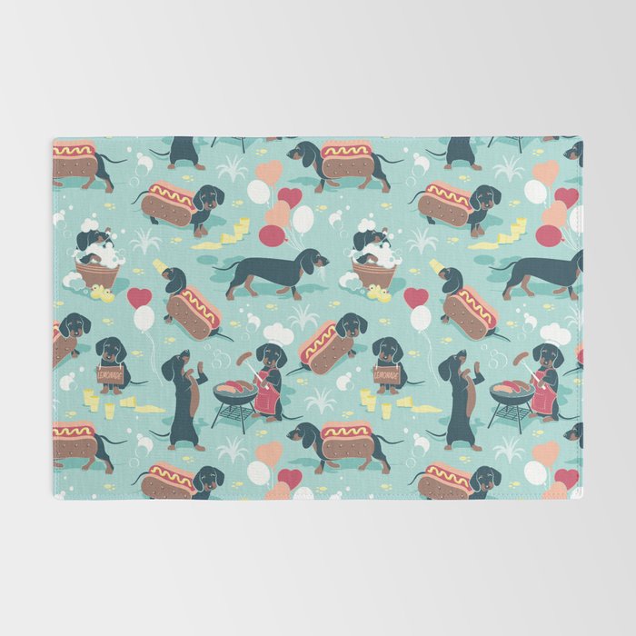 Hot dogs and lemonade // aqua background navy dachshunds Rug Gallery Image 2