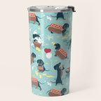 Hot dogs and lemonade // aqua background navy dachshunds Travel Mug Gallery Image 2