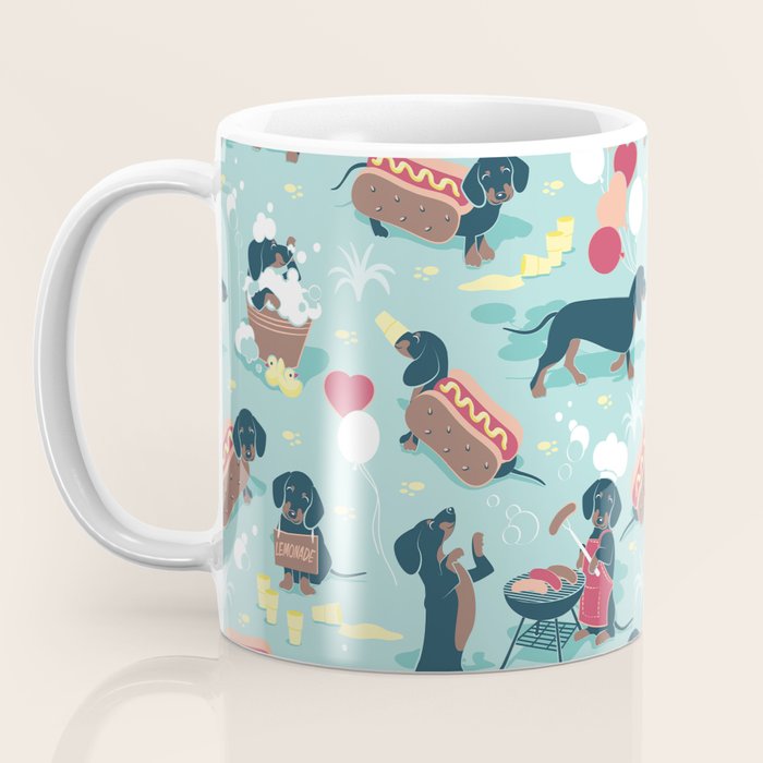 Hot dogs and lemonade // aqua background navy dachshunds Coffee Mug Gallery Image 3