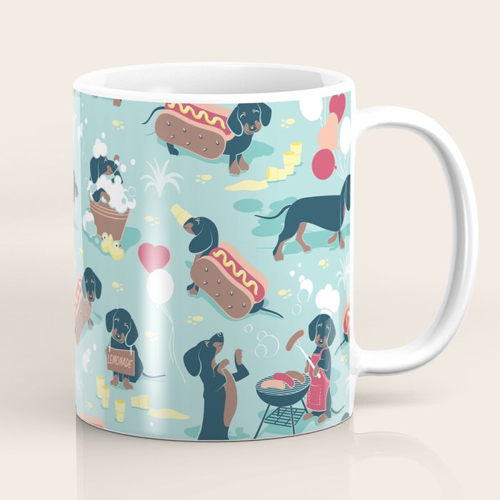 Hot dogs and lemonade // aqua background navy dachshunds Coffee Mug Gallery Image 1