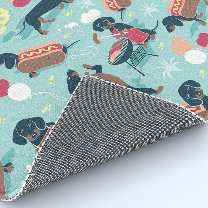 Hot dogs and lemonade // aqua background navy dachshunds Rug Gallery Image 4
