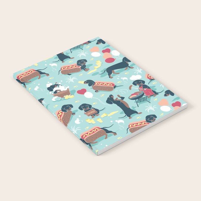 Hot dogs and lemonade // aqua background navy dachshunds Notebook Gallery Image 2