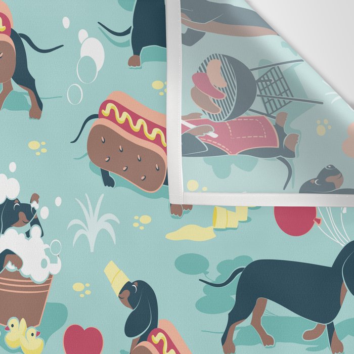 Hot dogs and lemonade // aqua background navy dachshunds Wall Tapestry Gallery Image 3