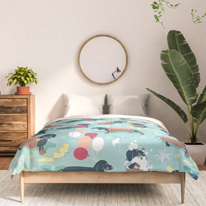 Hot dogs and lemonade // aqua background navy dachshunds Comforter Gallery Image 3