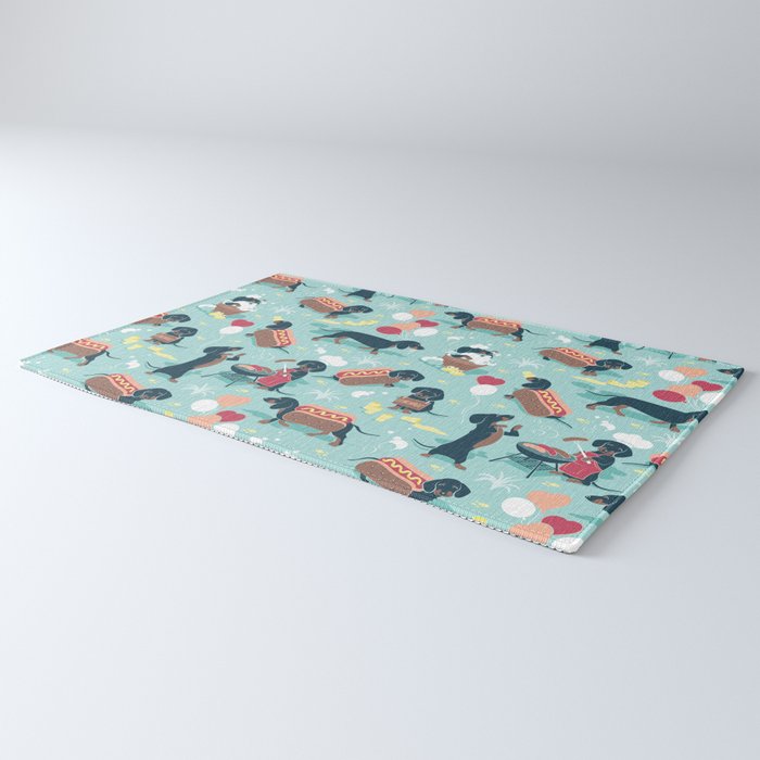 Hot dogs and lemonade // aqua background navy dachshunds Rug Gallery Image 3