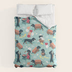 Hot dogs and lemonade // aqua background navy dachshunds Comforter Gallery Image 6