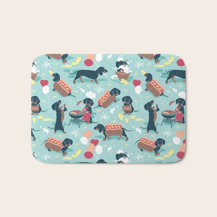 Hot dogs and lemonade // aqua background navy dachshunds Bath Mat Gallery Image 1
