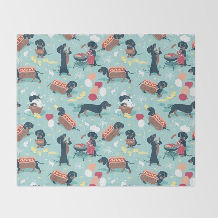 Hot dogs and lemonade // aqua background navy dachshunds Throw Blanket Gallery Image 2