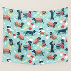 Hot dogs and lemonade // aqua background navy dachshunds Wall Tapestry Gallery Image 4