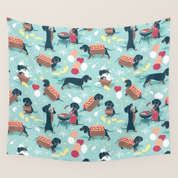 Hot dogs and lemonade // aqua background navy dachshunds Wall Tapestry Gallery Image 4