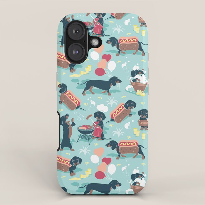 Hot dogs and lemonade // aqua background navy dachshunds iPhone Case Gallery Image 1