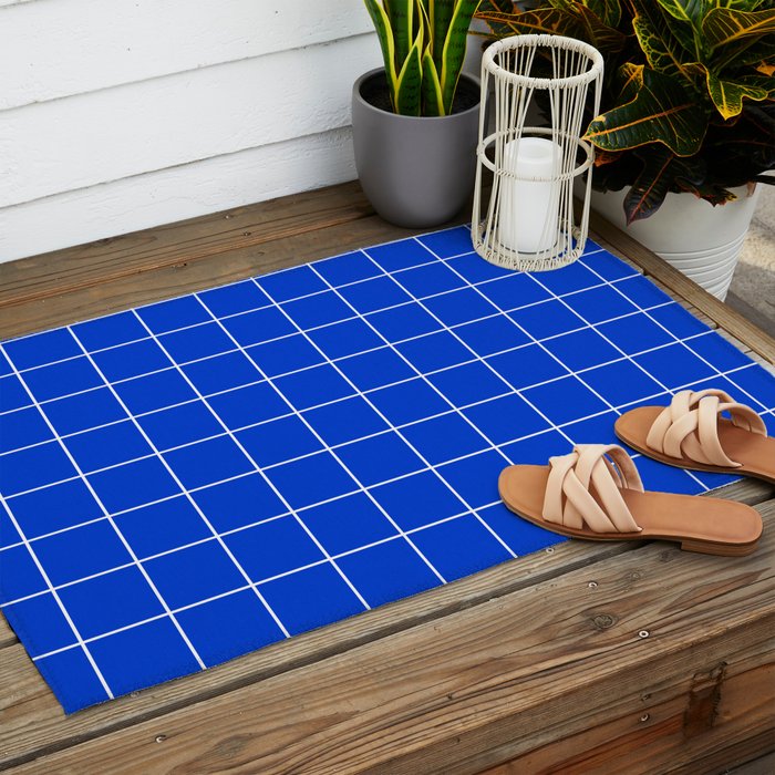 Grid Pattern Cobalt Blue White Windowpane Graph Check Stripe Lines Minimalist Stripes Line Drawing Outdoor Rug Gallery Image 2
