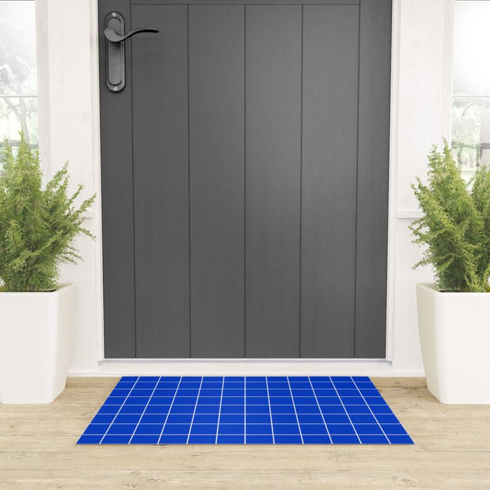 Grid Pattern Cobalt Blue White Windowpane Graph Check Stripe Lines Minimalist Stripes Line Drawing Welcome Mat Gallery Image 3