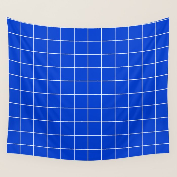 Grid Pattern Cobalt Blue White Windowpane Graph Check Stripe Lines Minimalist Stripes Line Drawing Wall Tapestry Gallery Image 1