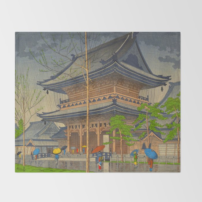 Rain in Higashi-Honganji Temple, Kyoto Asano Takeji Japanese Woodblock Print Throw Blanket Gallery Image 2