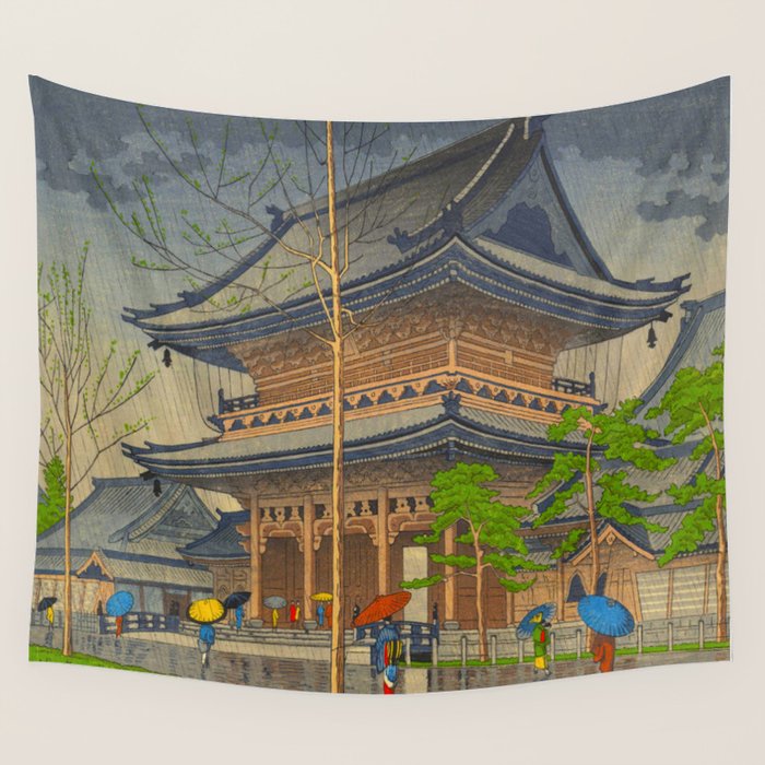 Rain in Higashi-Honganji Temple, Kyoto Asano Takeji Japanese Woodblock Print Wall Tapestry Gallery Image 4