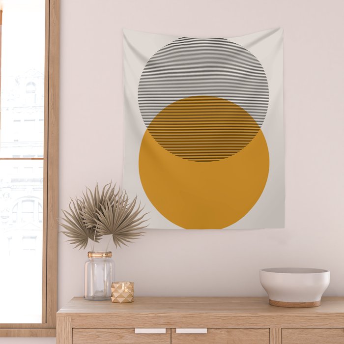 Mid Century Modern Shapes and Lines in Yellow Wall Tapestry Gallery Image 2