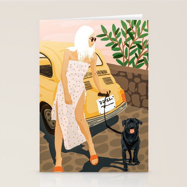 Tour, Pet Dog Walk, Italy Summer Fashion Woman, Animal Illustration, Travel Bohemian Cooper Painting Stationery Card Gallery Image 1