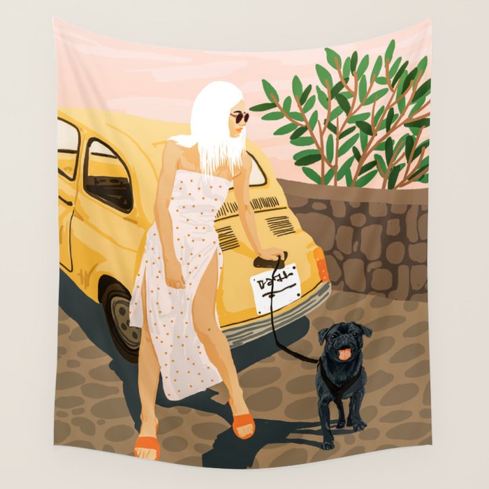 Tour, Pet Dog Walk, Italy Summer Fashion Woman, Animal Illustration, Travel Bohemian Cooper Painting Wall Tapestry Gallery Image 1