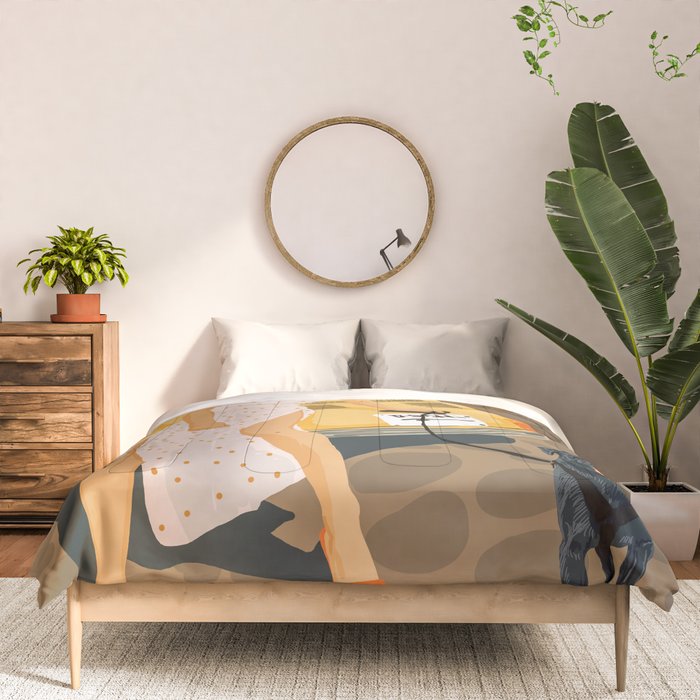 Tour, Pet Dog Walk, Italy Summer Fashion Woman, Animal Illustration, Travel Bohemian Cooper Painting Comforter Gallery Image 3