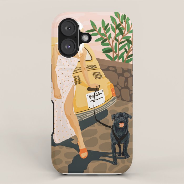 Tour, Pet Dog Walk, Italy Summer Fashion Woman, Animal Illustration, Travel Bohemian Cooper Painting iPhone Case Gallery Image 1