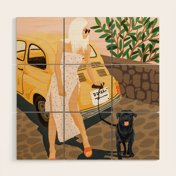 Tour, Pet Dog Walk, Italy Summer Fashion Woman, Animal Illustration, Travel Bohemian Cooper Painting Wood Wall Art Gallery Image 1